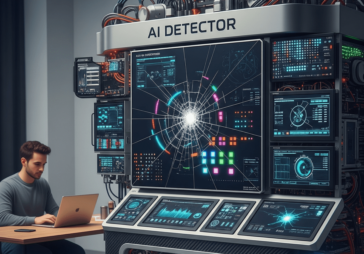 Writer sitting in front of a big AI Detector machine