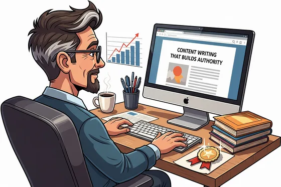 man sitting at a computer writing website articles